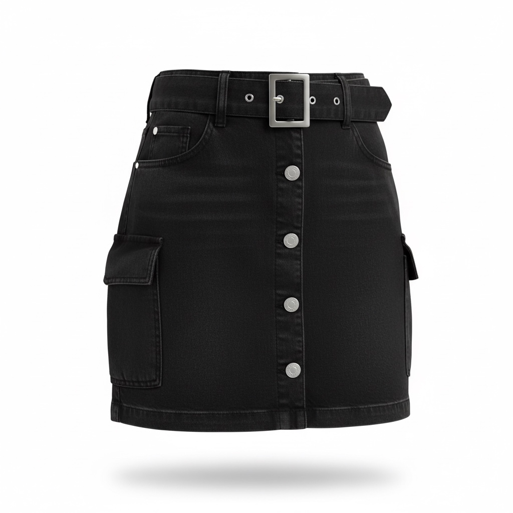 Black denim buckle skirt