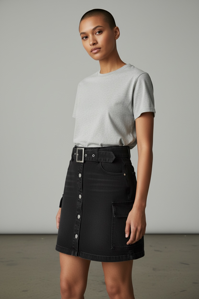 Black denim buckle skirt