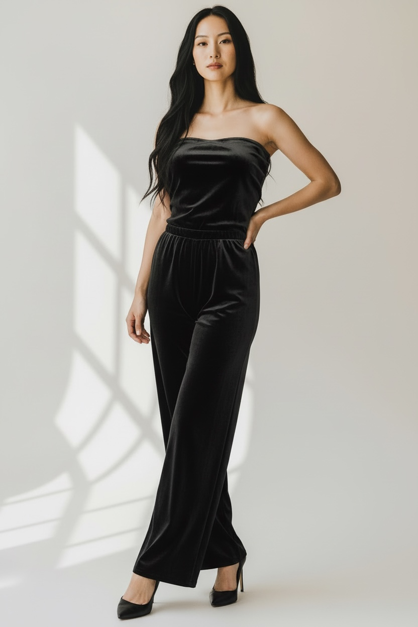 Velour boob-tube jumpsuit